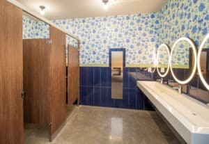 Fluorescent lighting, circular bathroom mirrors